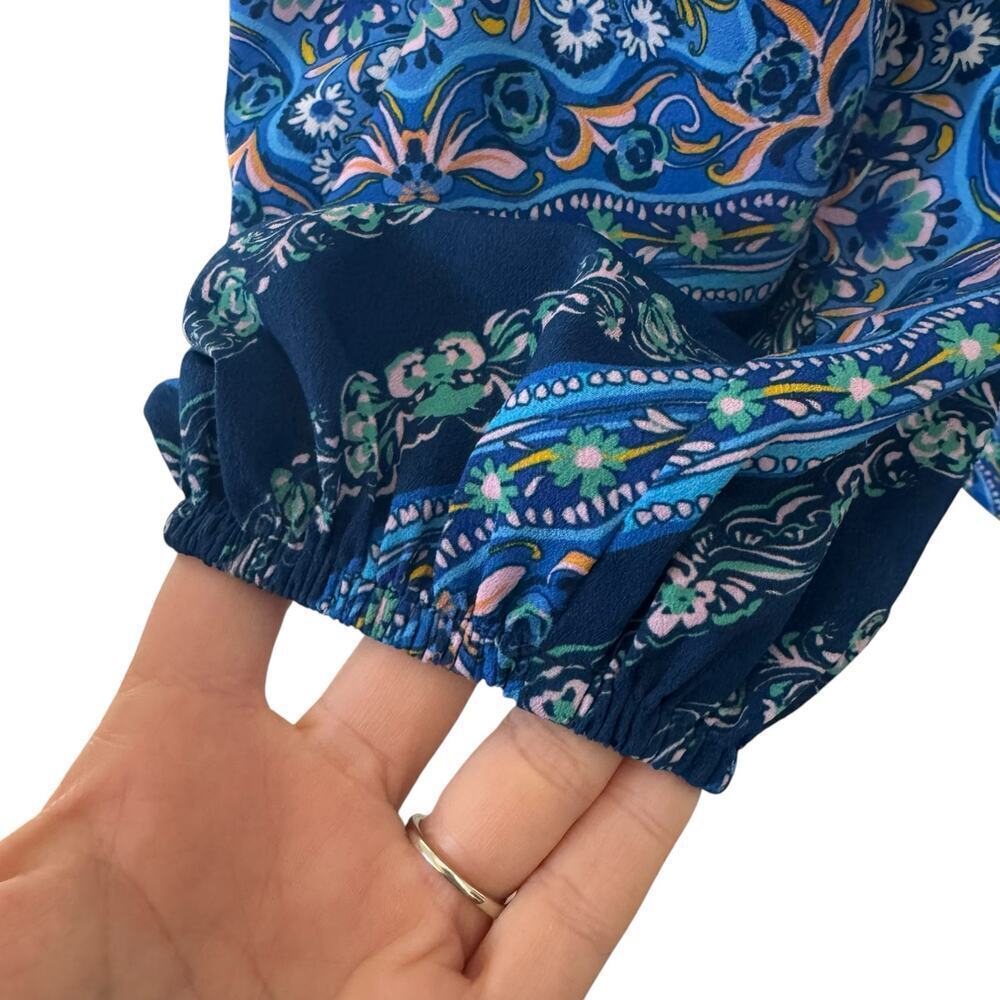 Shoshanna Lara Crepe de Chine Top in "Atlantic Tile Print" Blue Boho Size XS - Picture 8 of 11